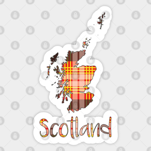 Scotland Red, Yellow, Black and White Tartan Map Typography Design Sticker by MacPean